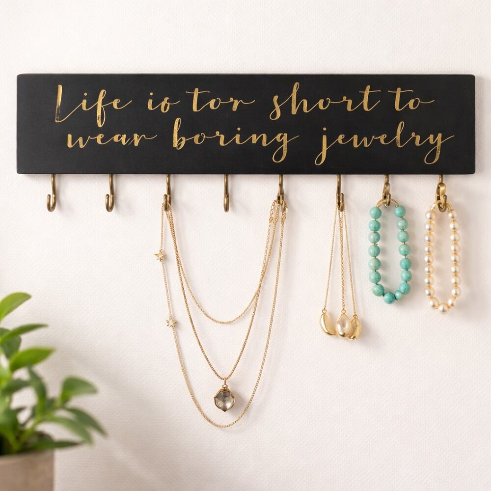 Jewelry Hook Wall Rack “Life Is Too Short” Gold Script Organizer